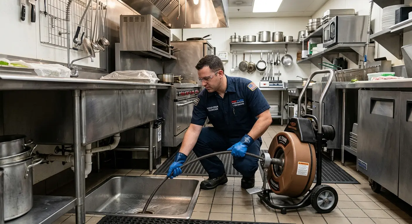 Commercial drain cleaning service in a restaurant kitchen in Kennesaw