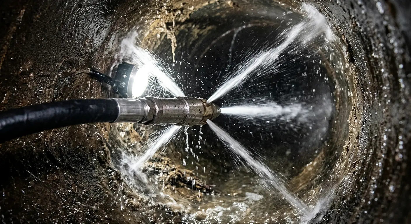 High-pressure hydro jetting nozzle cleaning sewer pipe for Emergency Drain Service in Kennesaw