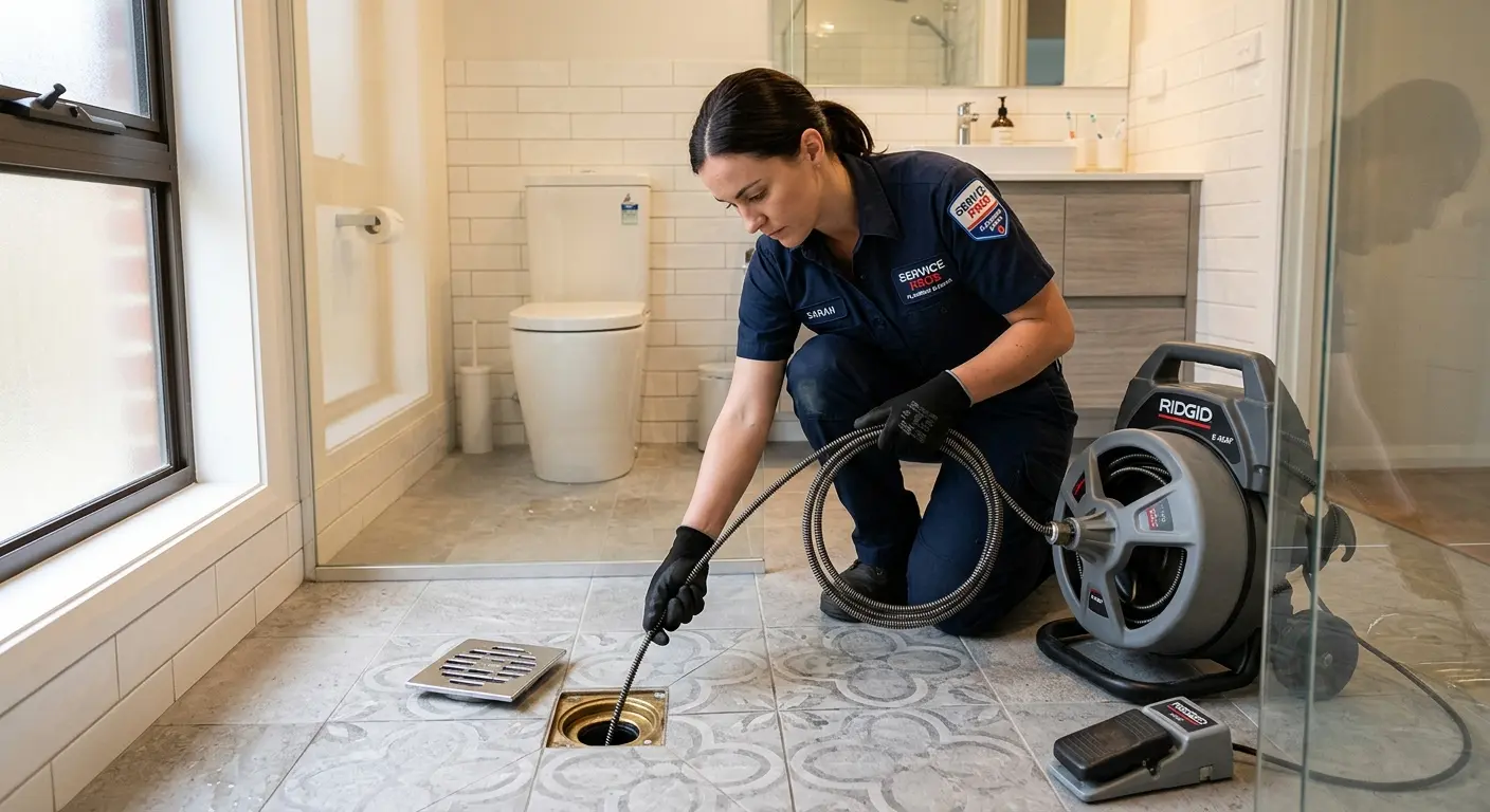 Technician clearing a bathroom floor drain for Clogged Drain Repair in Kennesaw